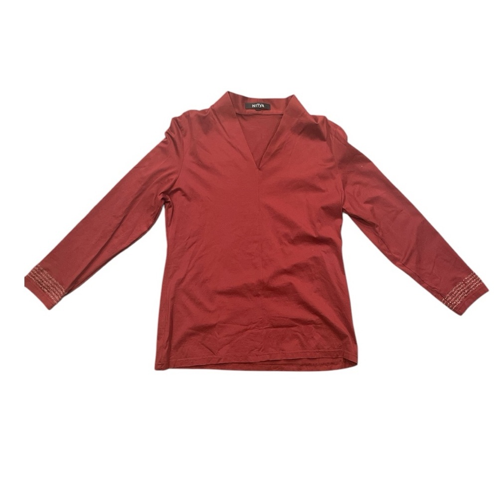 NITYA SZ 44 (US 14) Burgundy long sleeves V neck shirt embroidered cuffs